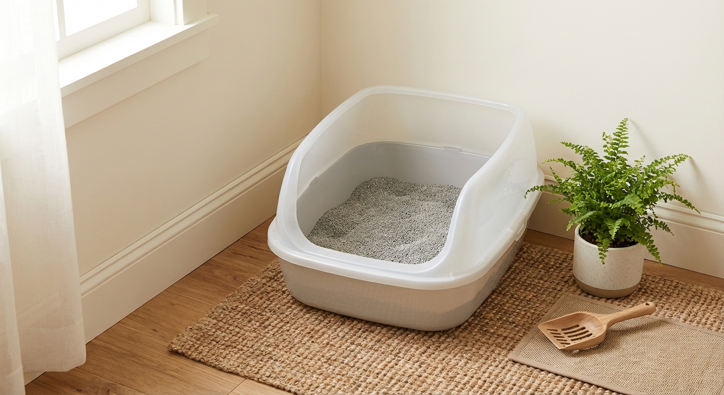 A photo of a clean open litter box with unscented clumping litter in a quiet corner of a home