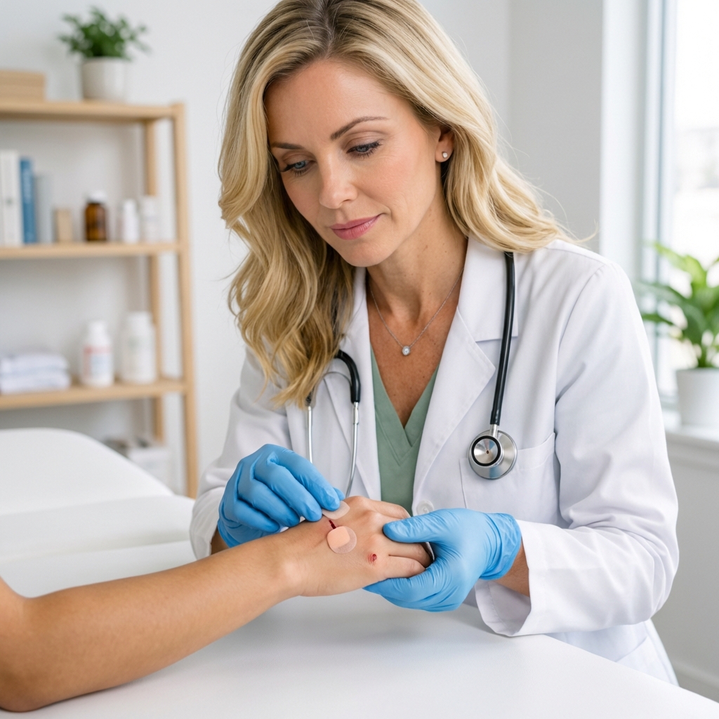 A photo of a clinician wearing gloves gently examining a person’s hand with a small bandaged puncture wound in a clinic room