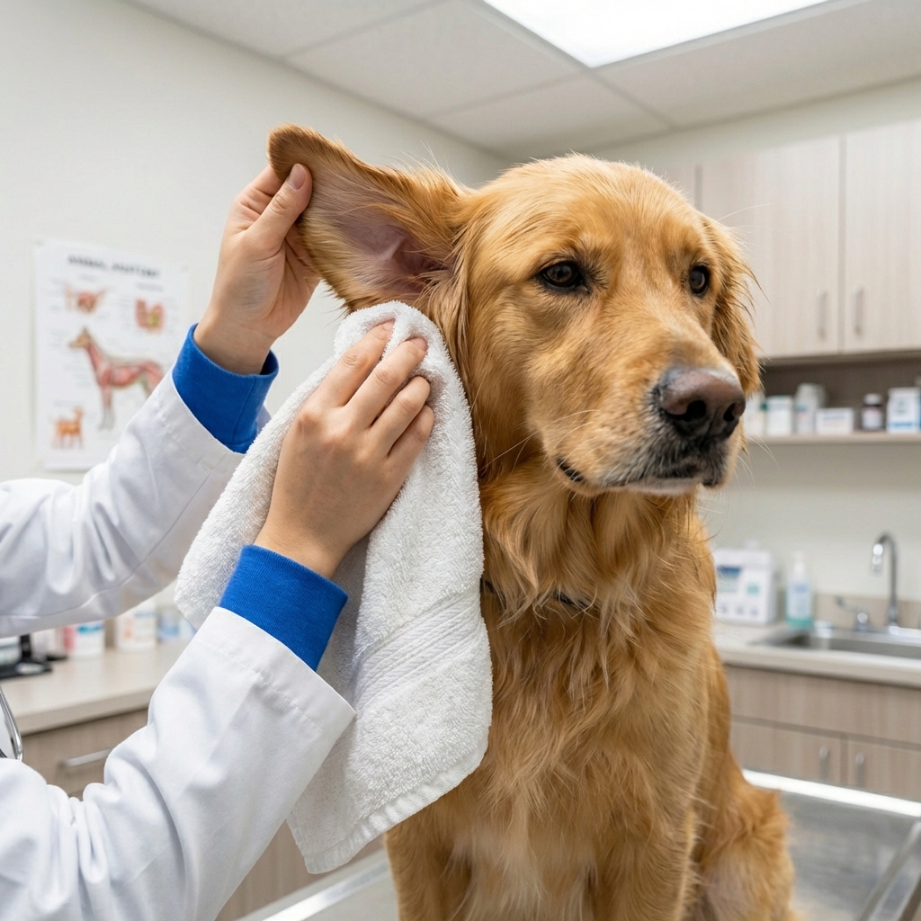 A photo of a dog being gently towel-dried around the ears after a bath