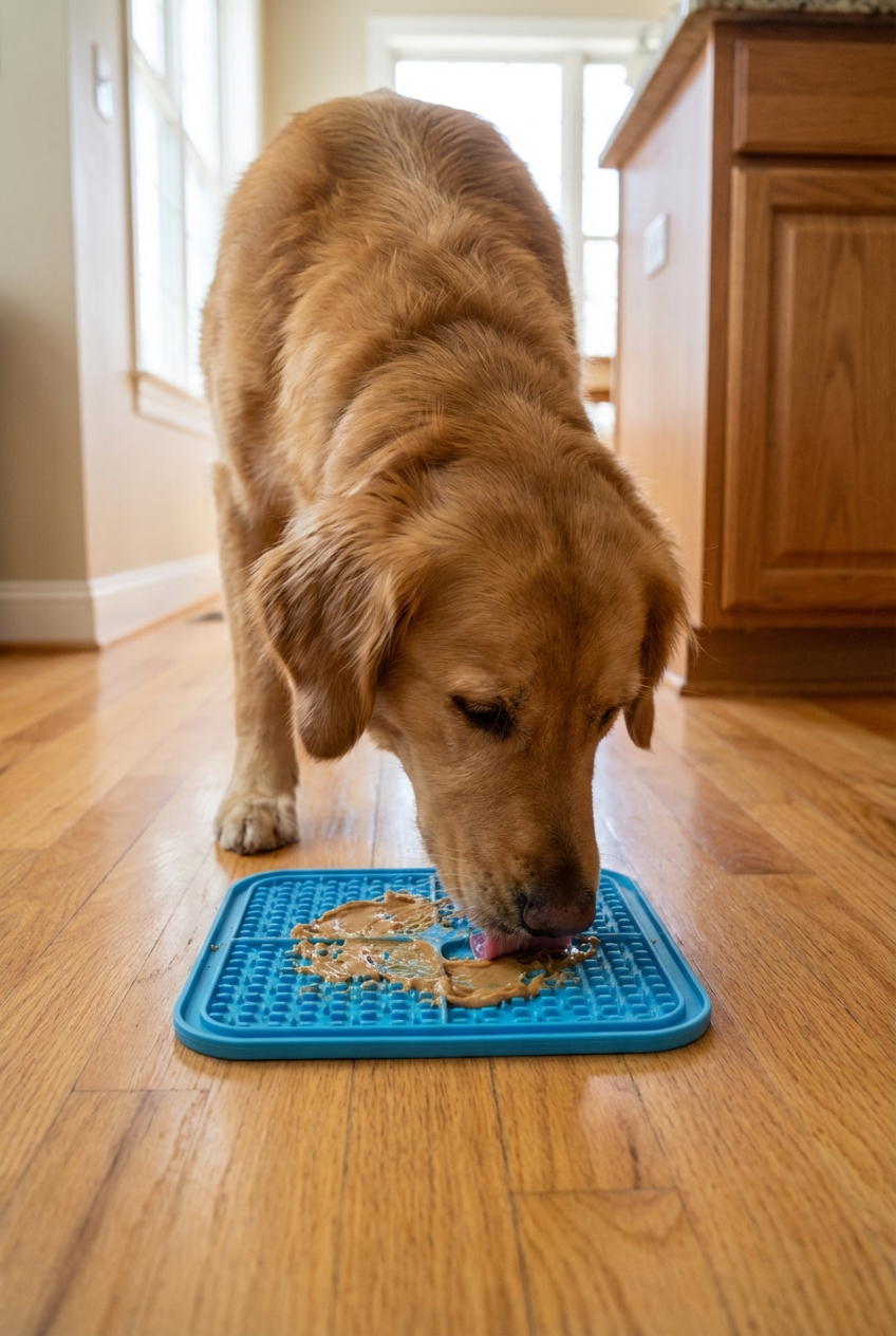 A photo of a dog calmly licking a silicone lick mat on a kitchen floor