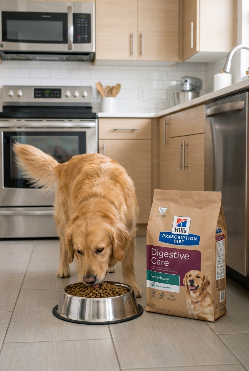 A photo of a dog eating from a stainless steel bowl in a clean kitchen while a bag of veterinary diet food sits nearby