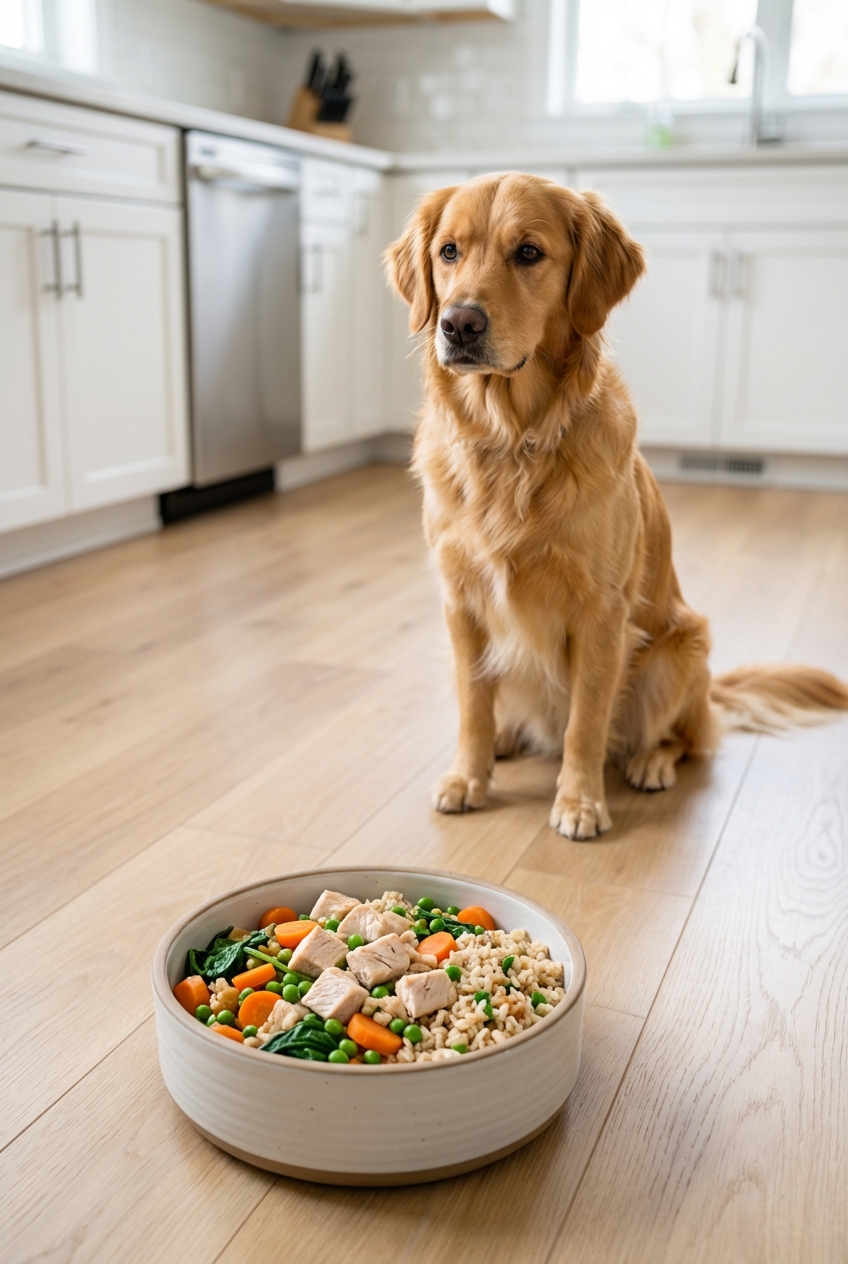 A photo of a dog food bowl with fresh cooked ingredients on a kitchen floor while a dog waits nearby