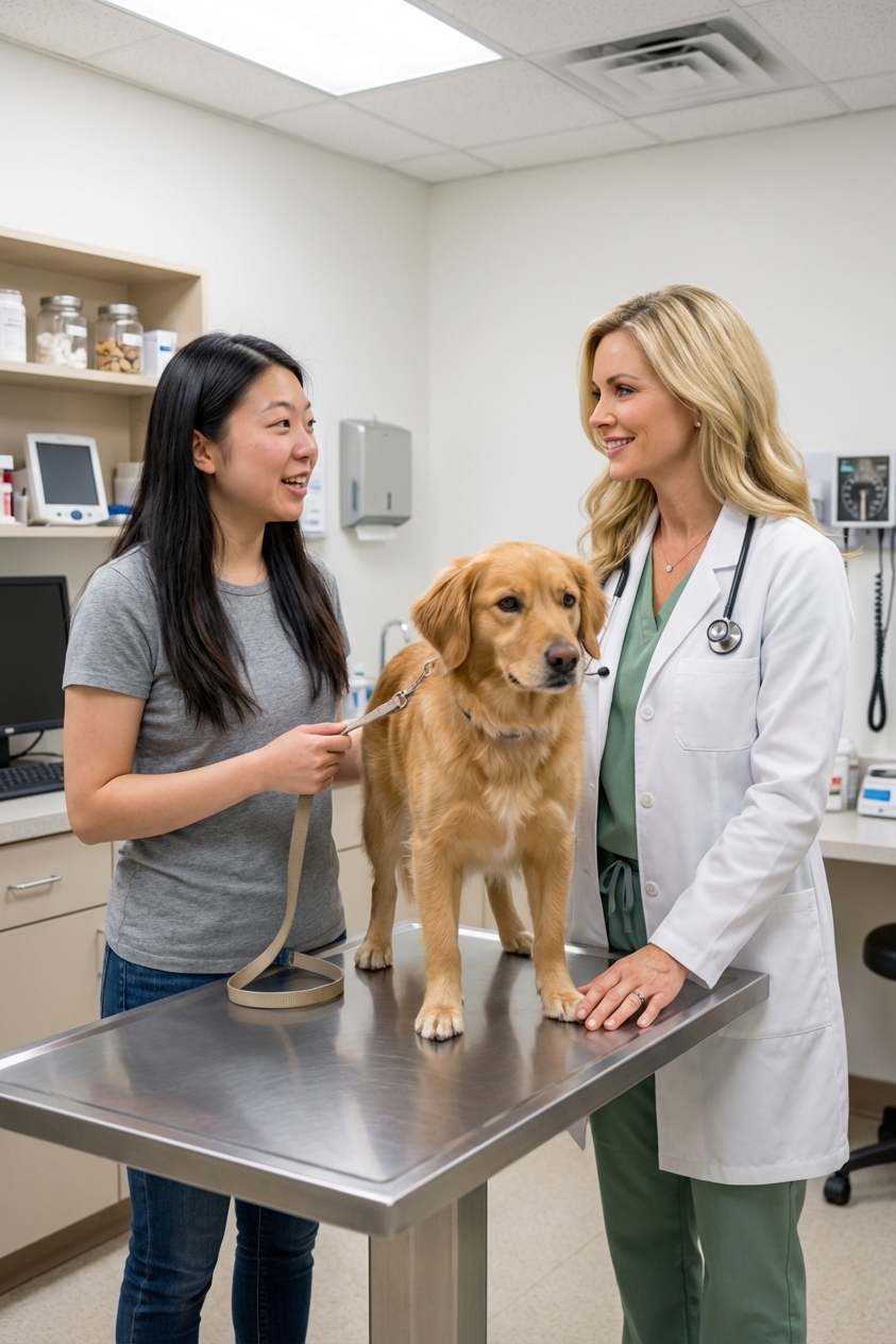 A photo of a dog owner holding a leash while speaking with a veterinarian in a clinic exam room