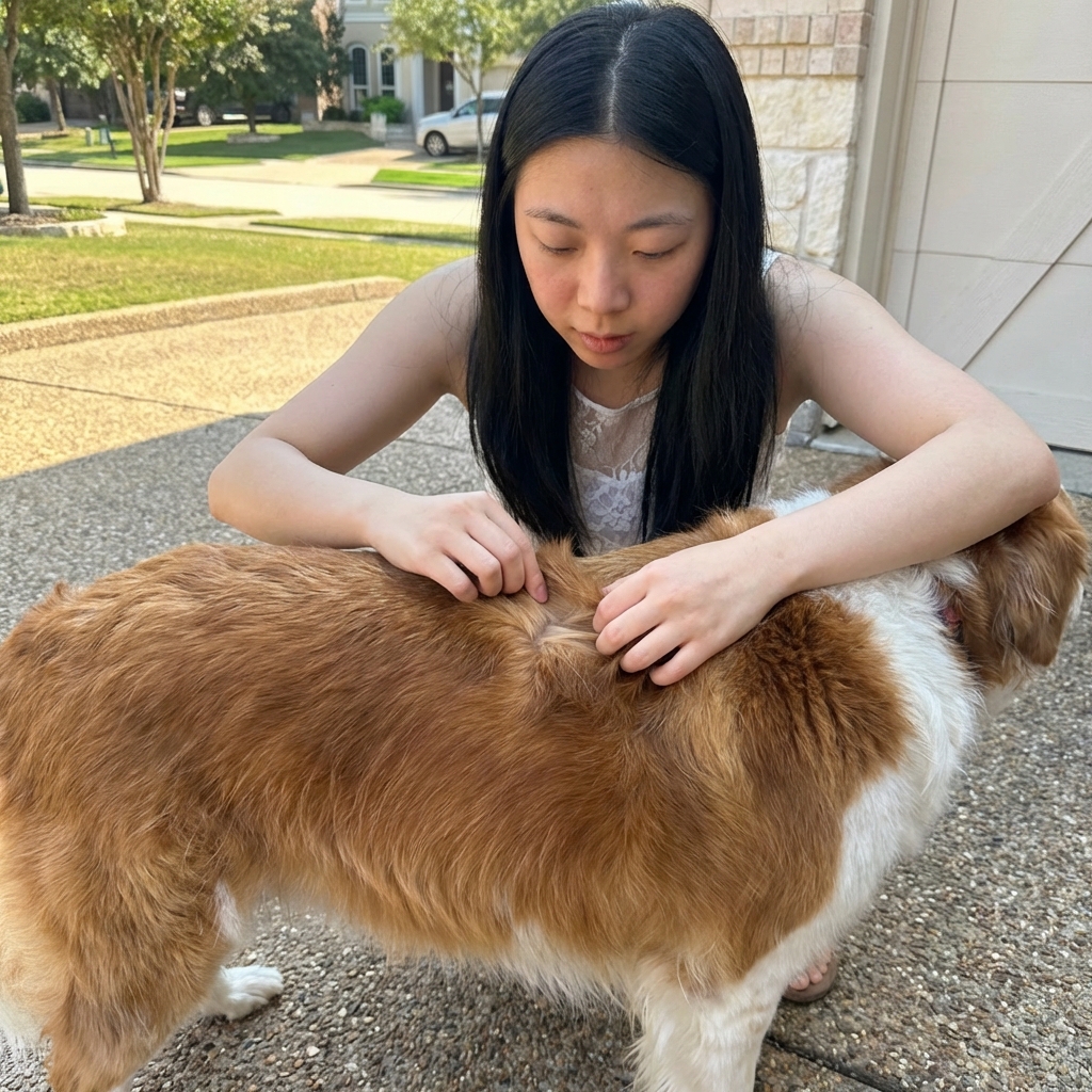 A photo of a dog owner parting a dog’s fur to check the skin along the back
