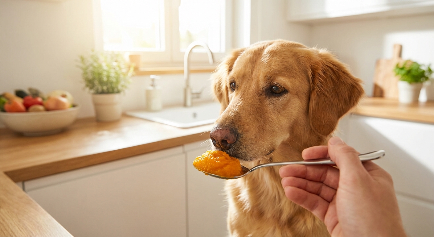A photo of a dog sniffing a spoon with plain pumpkin puree in a bright kitchen