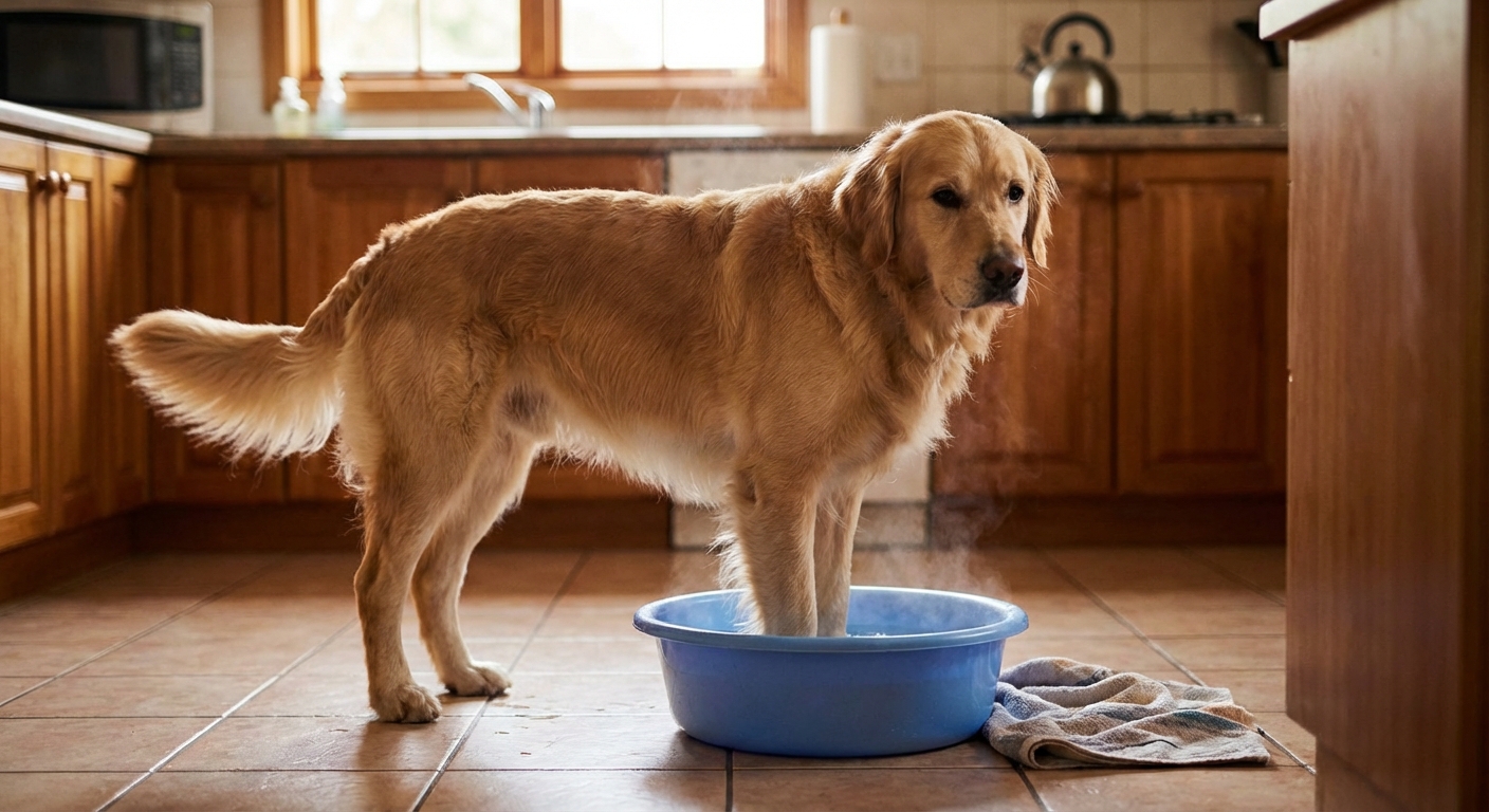 A photo of a dog standing calmly while its paws soak in a shallow basin of warm water in a home kitchen