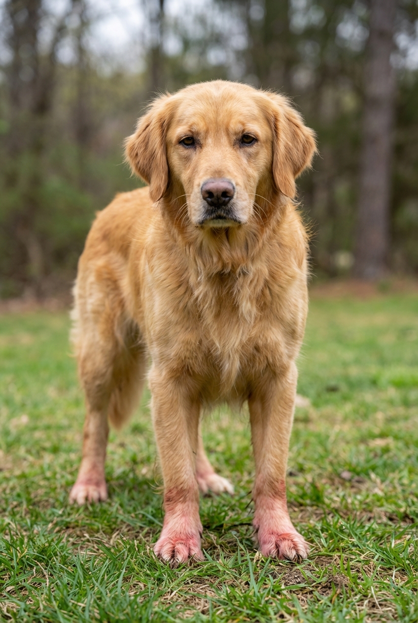 A photo of a dog standing on grass with slightly reddened paws after being outside