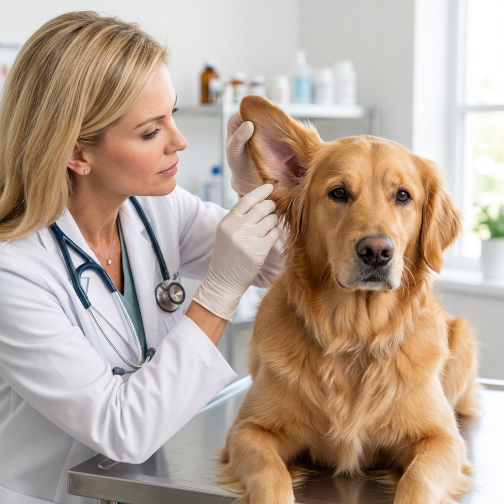 A photo of a dog’s ear being gently lifted while someone checks the skin underneath