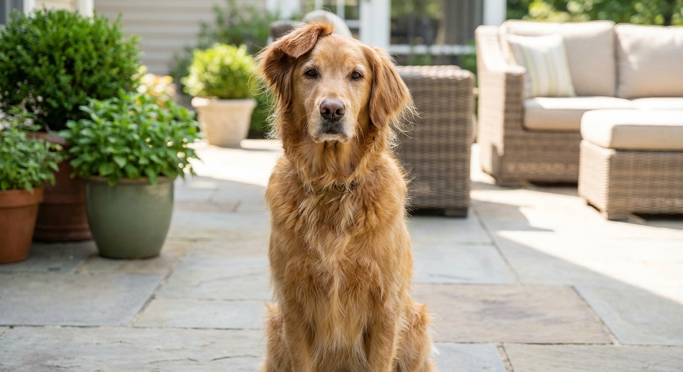 A photo of a floppy-eared dog sitting outdoors on a patio with one ear visible and slightly folded forward