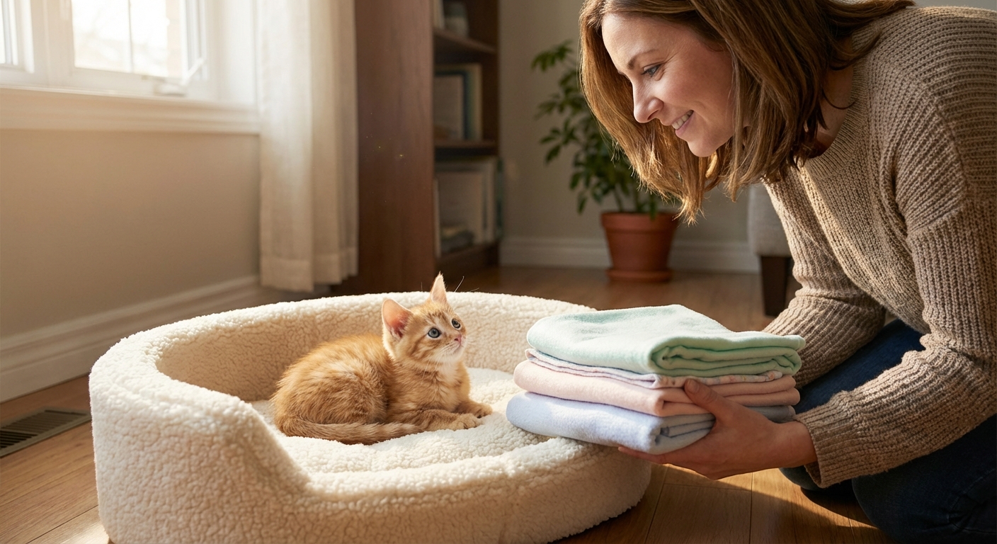 A photo of a kitten sitting in a clean pet bed while a person places freshly washed blankets nearby