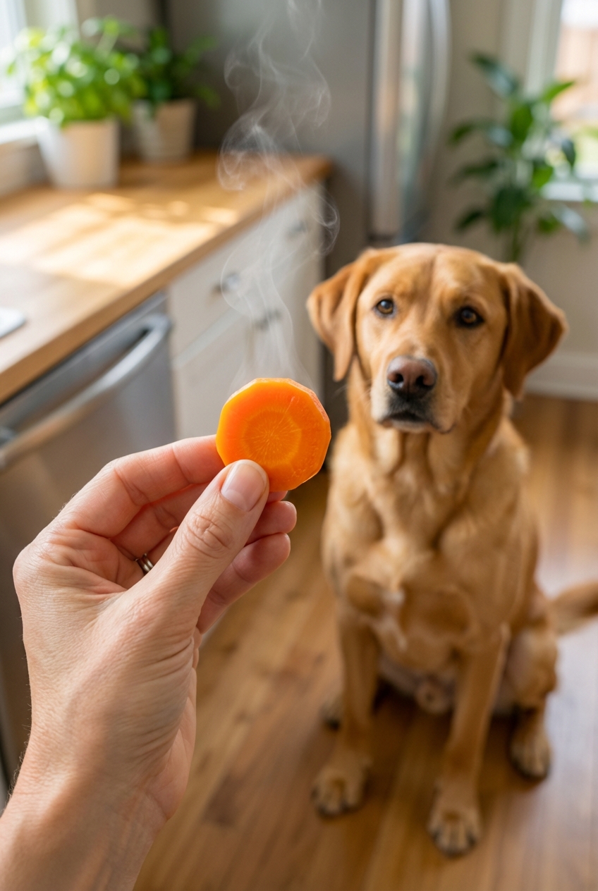 A photo of a lightly steamed carrot slice held between two fingers with a dog watching from the background