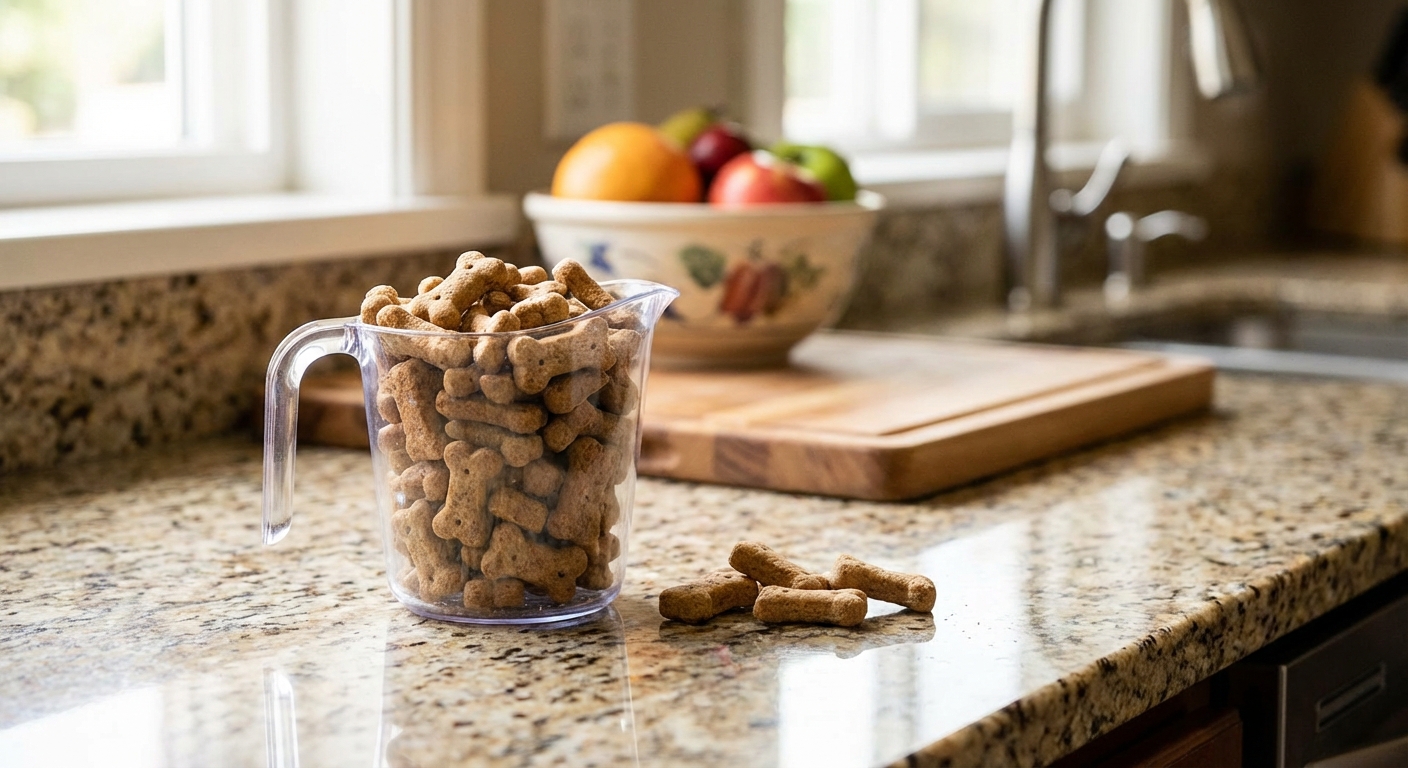 A photo of a measuring cup portioning small dog treats on a kitchen counter