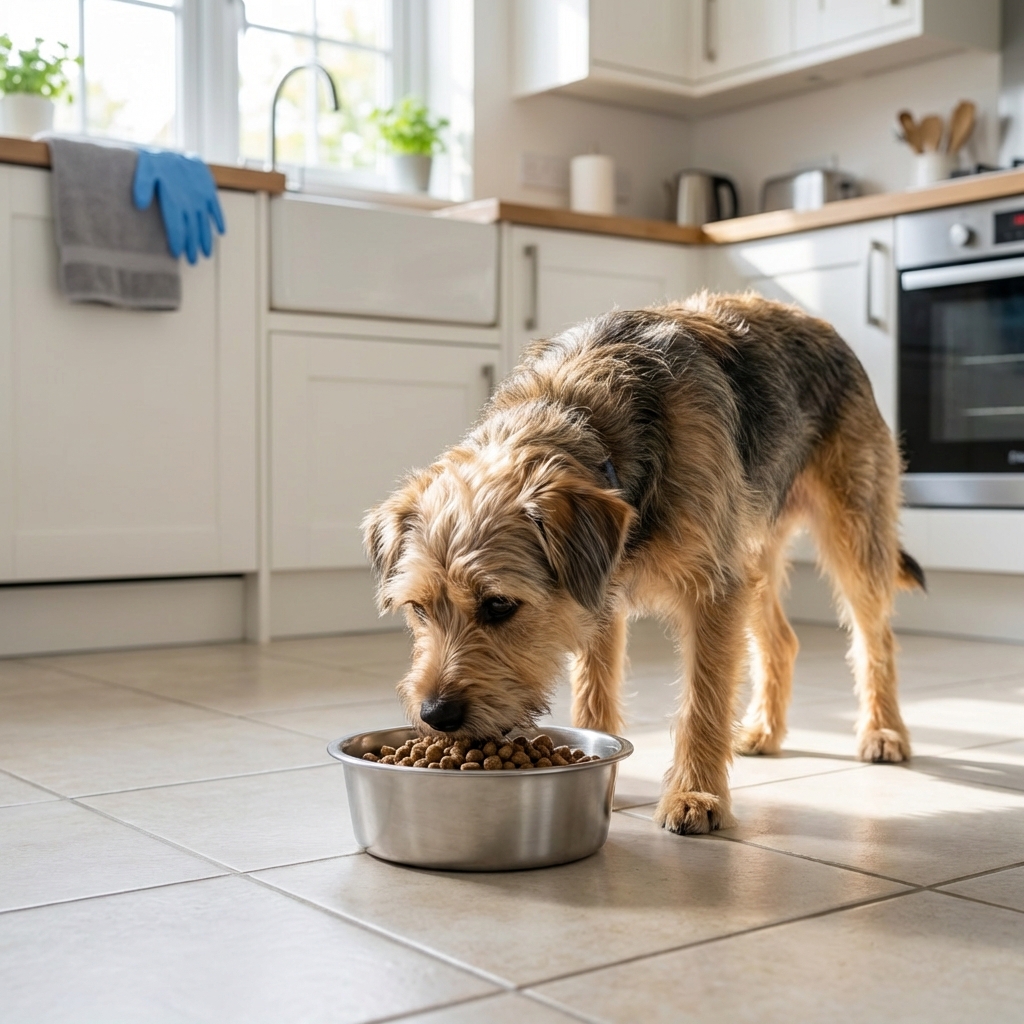 A photo of a medium-sized dog calmly eating from a stainless steel bowl in a clean kitchen