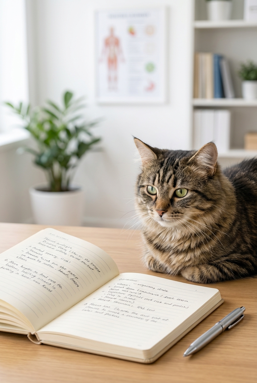 A photo of a notebook open on a table with a pen next to a cat sitting nearby