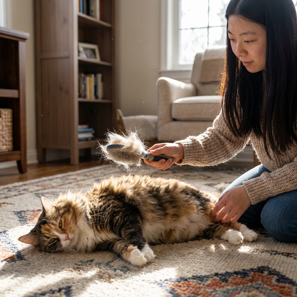A photo of a person gently brushing a long-haired cat on a rug, with visible loose fur on the brush