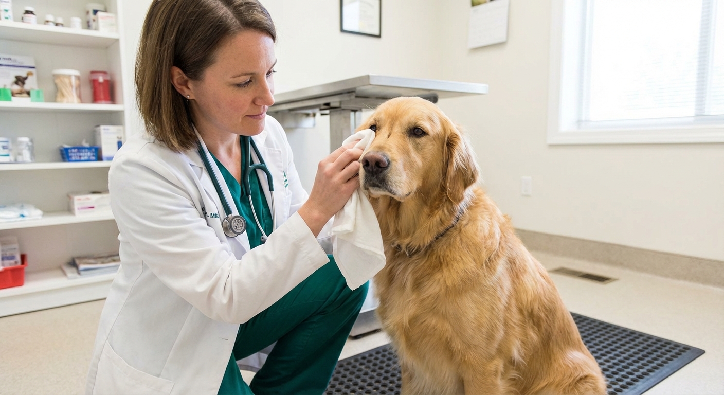 A photo of a person gently wiping a dog’s eye with a clean soft cloth while the dog sits calmly