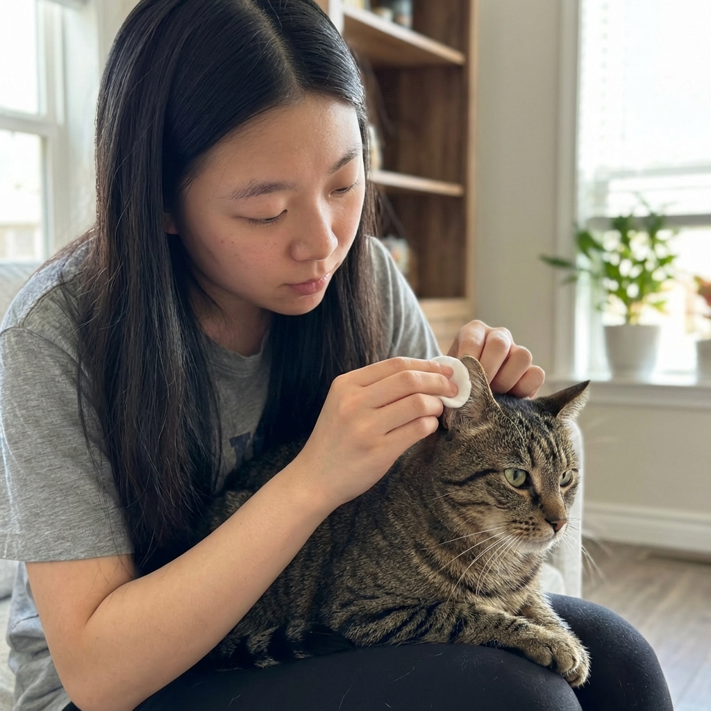 A photo of a person holding a cotton round near a cat's ear while gently wiping the outer ear