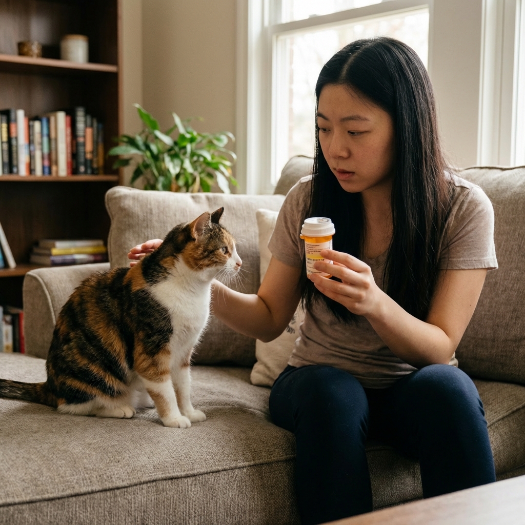 A photo of a person holding a pill bottle near a cat sitting on a couch, showing caution around medication