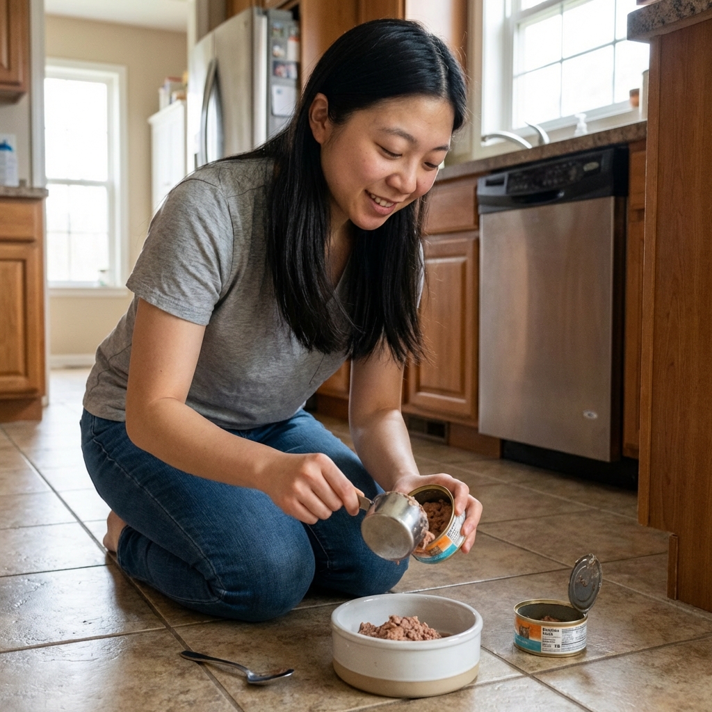 A photo of a person measuring wet cat food into a clean bowl on a kitchen floor