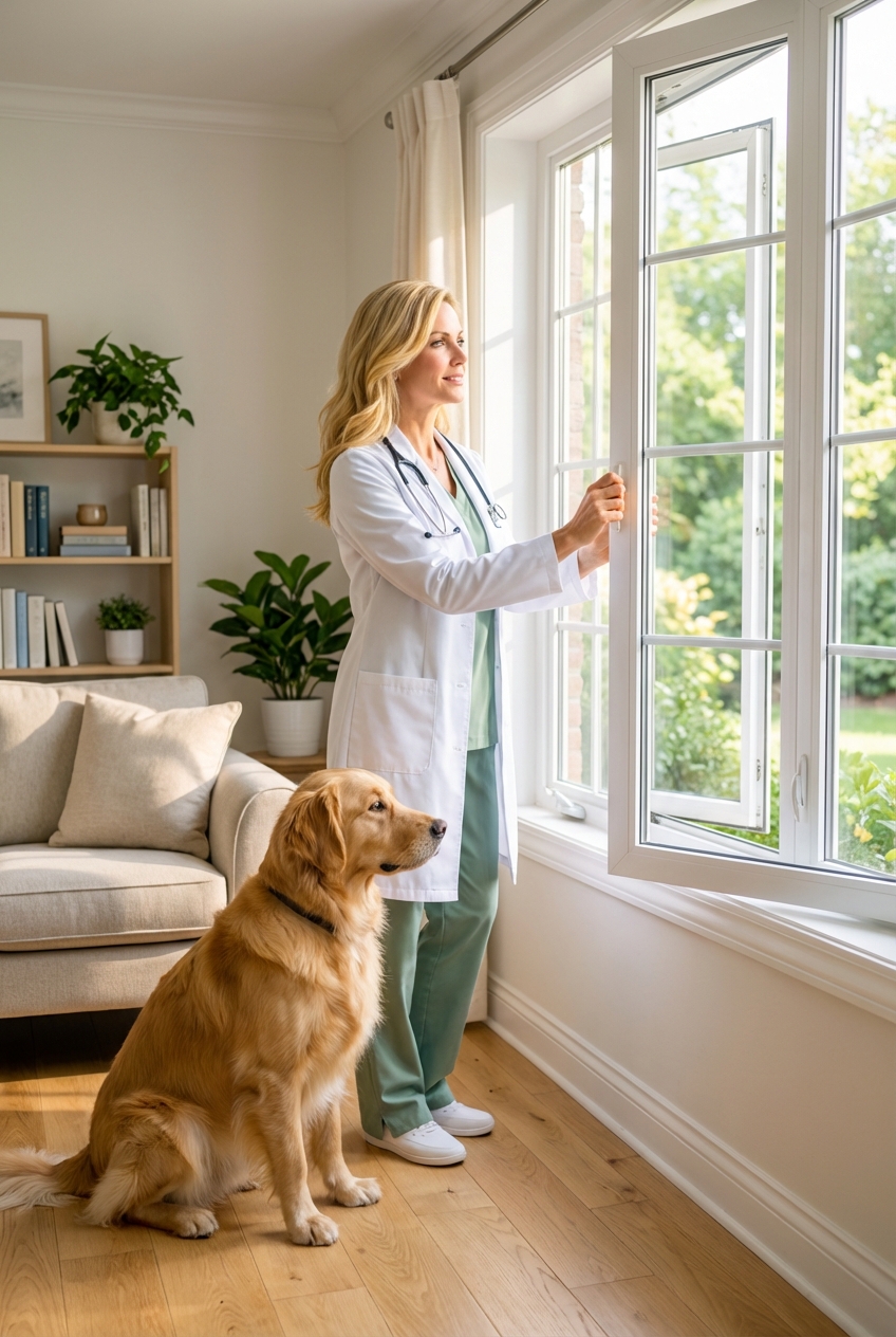 A photo of a person opening a window in a bright home while a dog sits nearby