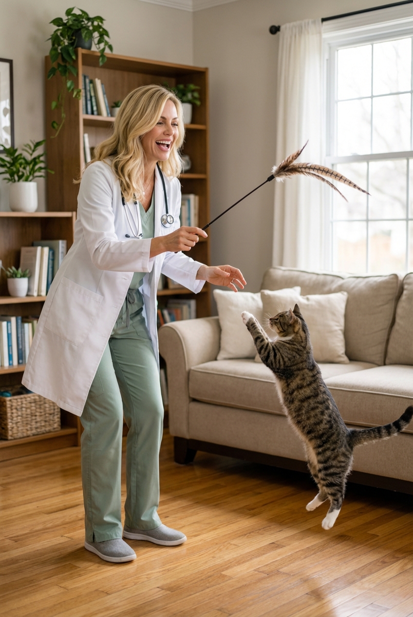 A photo of a person playing with a cat using a wand toy in a living room while keeping hands at a safe distance