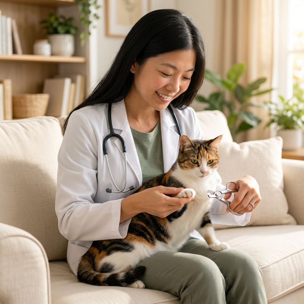 A photo of a person sitting with a cat on their lap, gently extending a claw while holding small scissor-style cat nail clippers