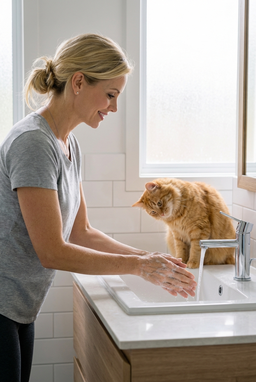 A photo of a person washing hands at a bathroom sink with a curious cat sitting nearby watching