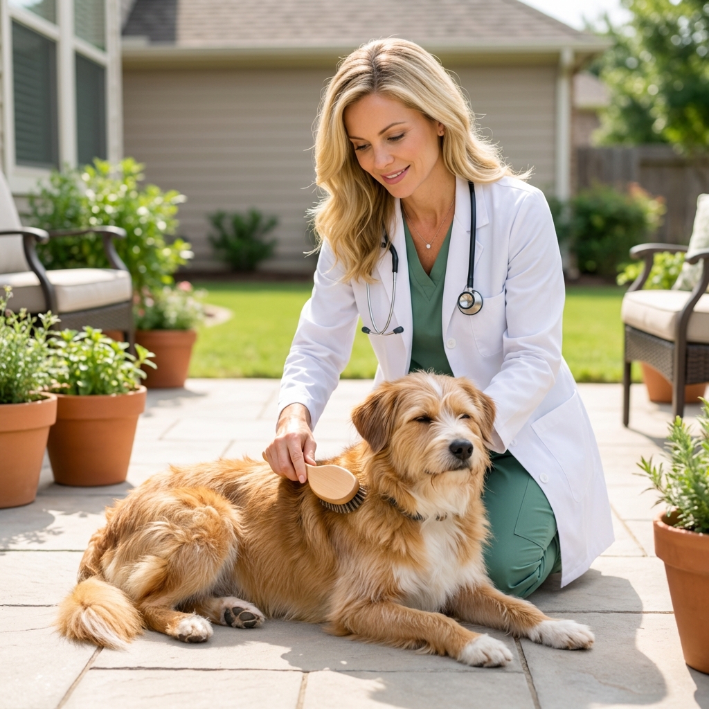 A photo of a relaxed mixed-breed dog being gently brushed outdoors on a clean patio