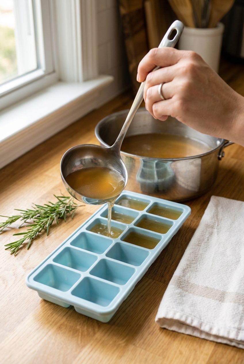 A photo of a silicone ice cube tray being filled with low-sodium broth in a home kitchen