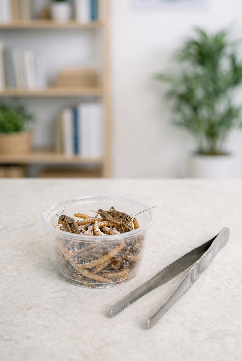 A photo of a small cup of feeder insects lightly dusted with calcium powder next to feeding tongs