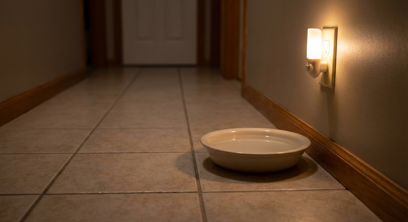 A photo of a small shallow dish with water on a tile floor near a plugged-in night light in a hallway