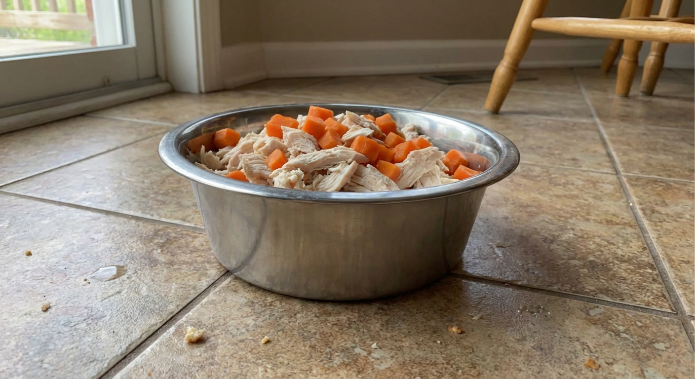 A photo of a stainless steel dog bowl topped with plain shredded chicken and steamed carrots on a kitchen floor