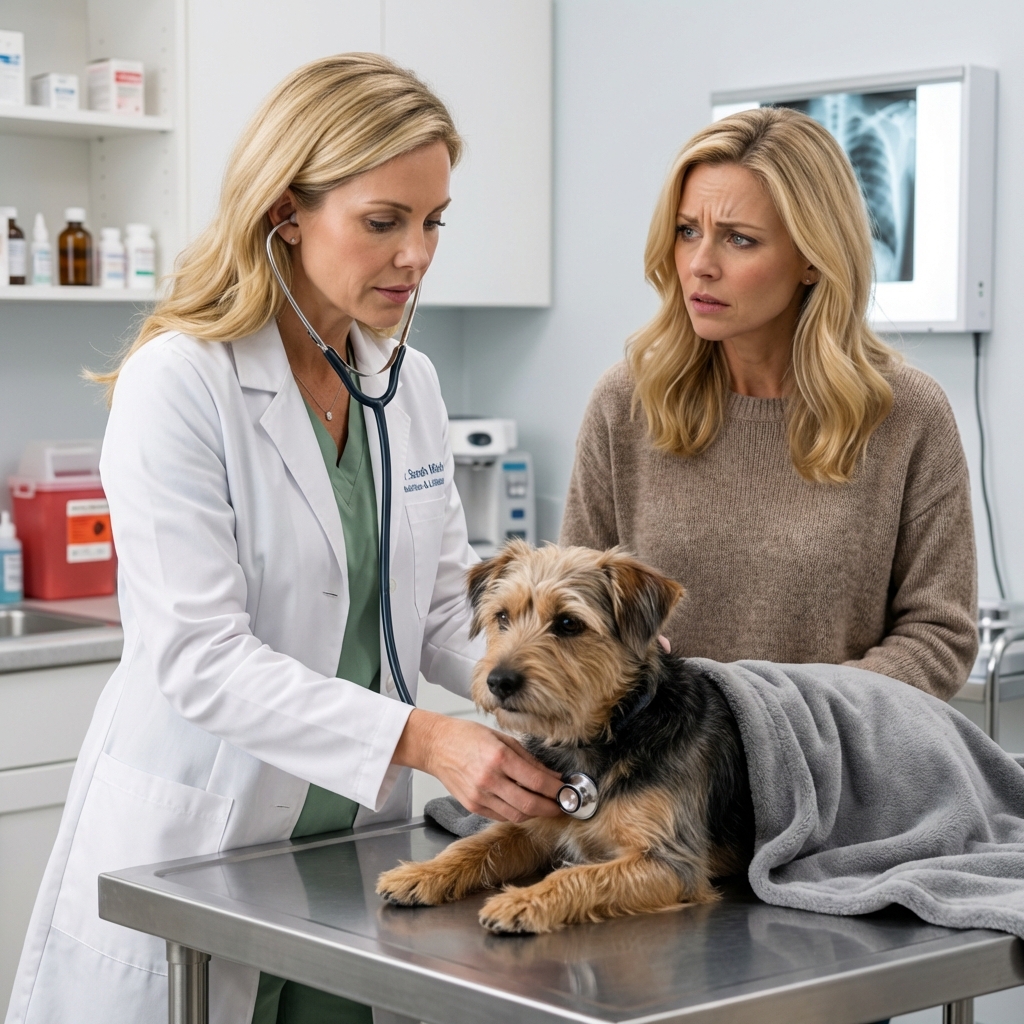 A photo of a veterinarian examining a dog on an exam table while a worried owner stands nearby