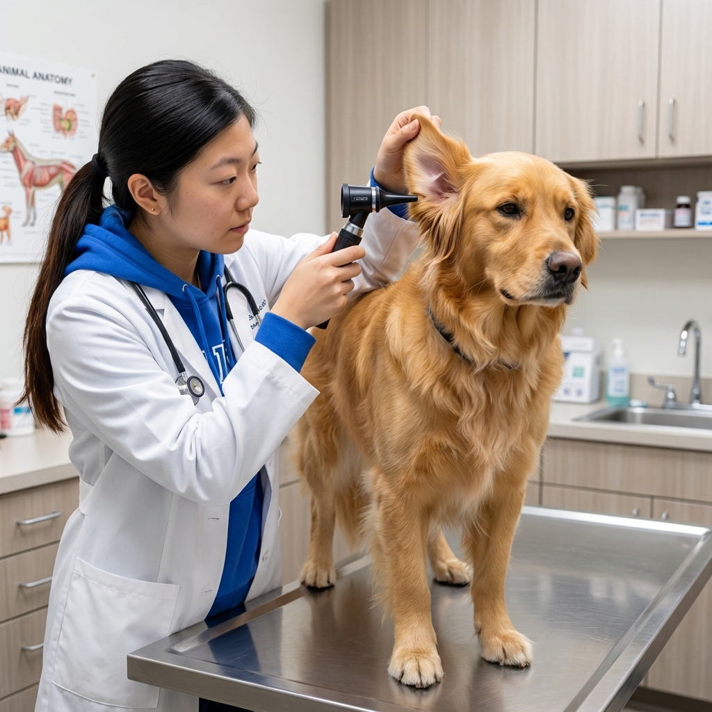 A photo of a veterinarian examining a dog's ear with an otoscope in a clinic exam room