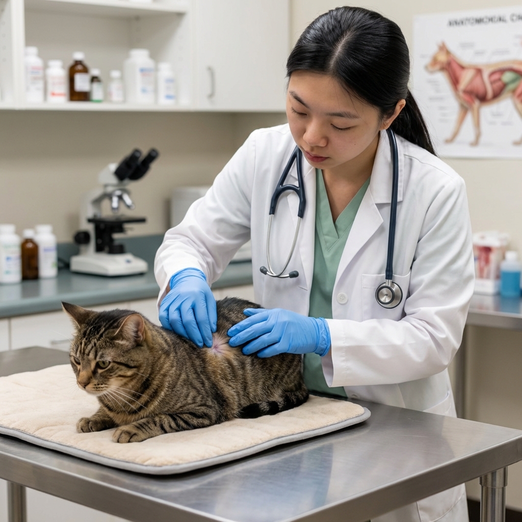 A photo of a veterinarian wearing gloves gently examining a cat's skin and coat on an exam table