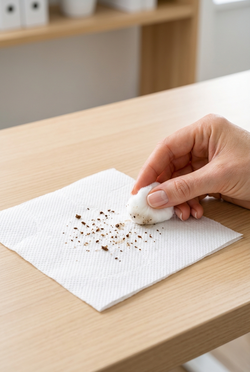 A photo of a white paper towel with small dark specks on it next to a hand holding a damp cotton ball