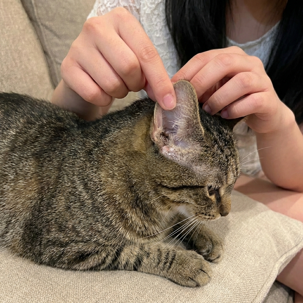 A photo of a young cat with a small circular bald patch and mild scaling on the outer ear