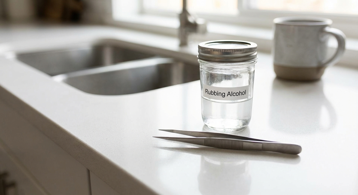 A photo of fine-tipped tweezers next to a small jar with rubbing alcohol on a kitchen counter