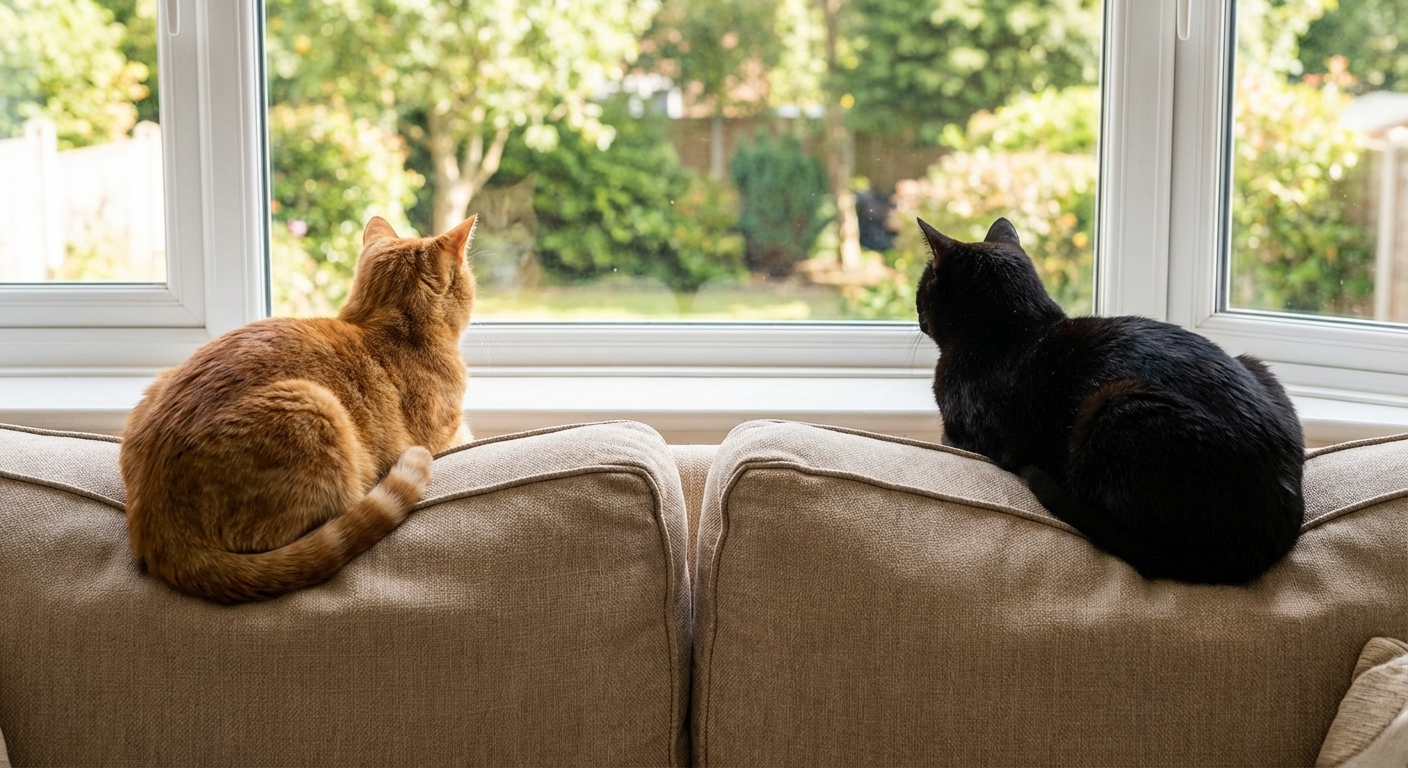 A photo of two cats peacefully sitting several feet apart on a couch while looking out a window