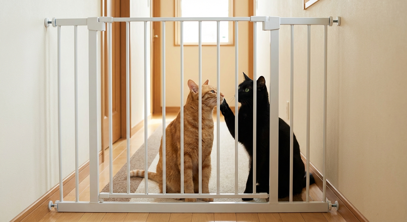 A photo of two cats seeing each other through a tall pet gate in a hallway