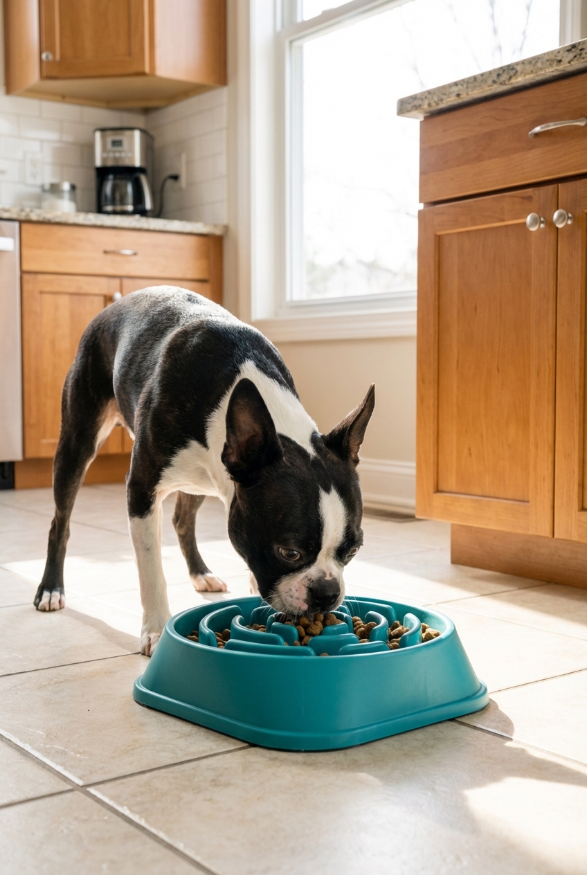 A photograph of a Boston Terrier eating from a slow feeder bowl in a bright kitchen