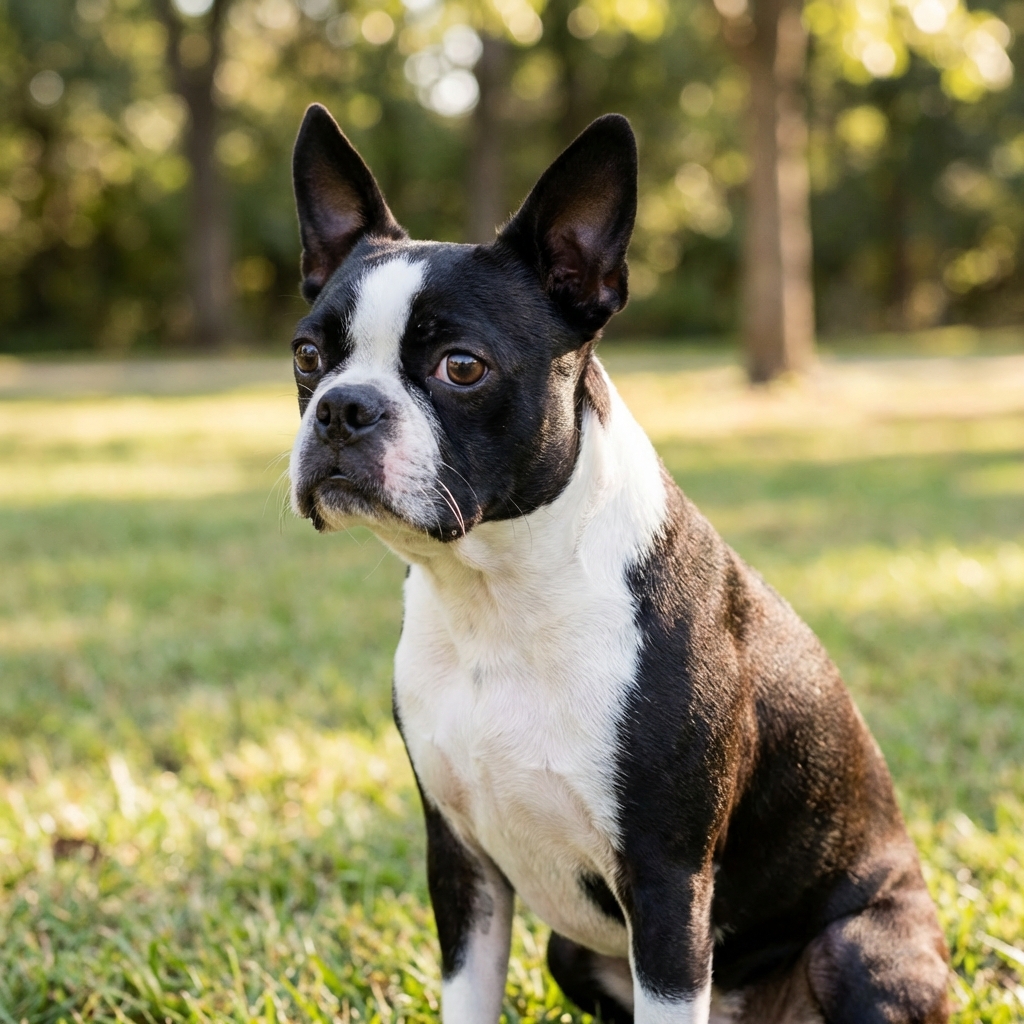 A photograph of a Boston Terrier outdoors in soft daylight, with the dog turning its head slightly to show one eye clearly
