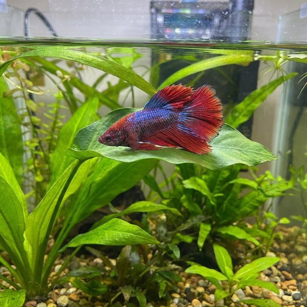 A photograph of a betta fish resting on a broad green leaf near the surface of a planted aquarium