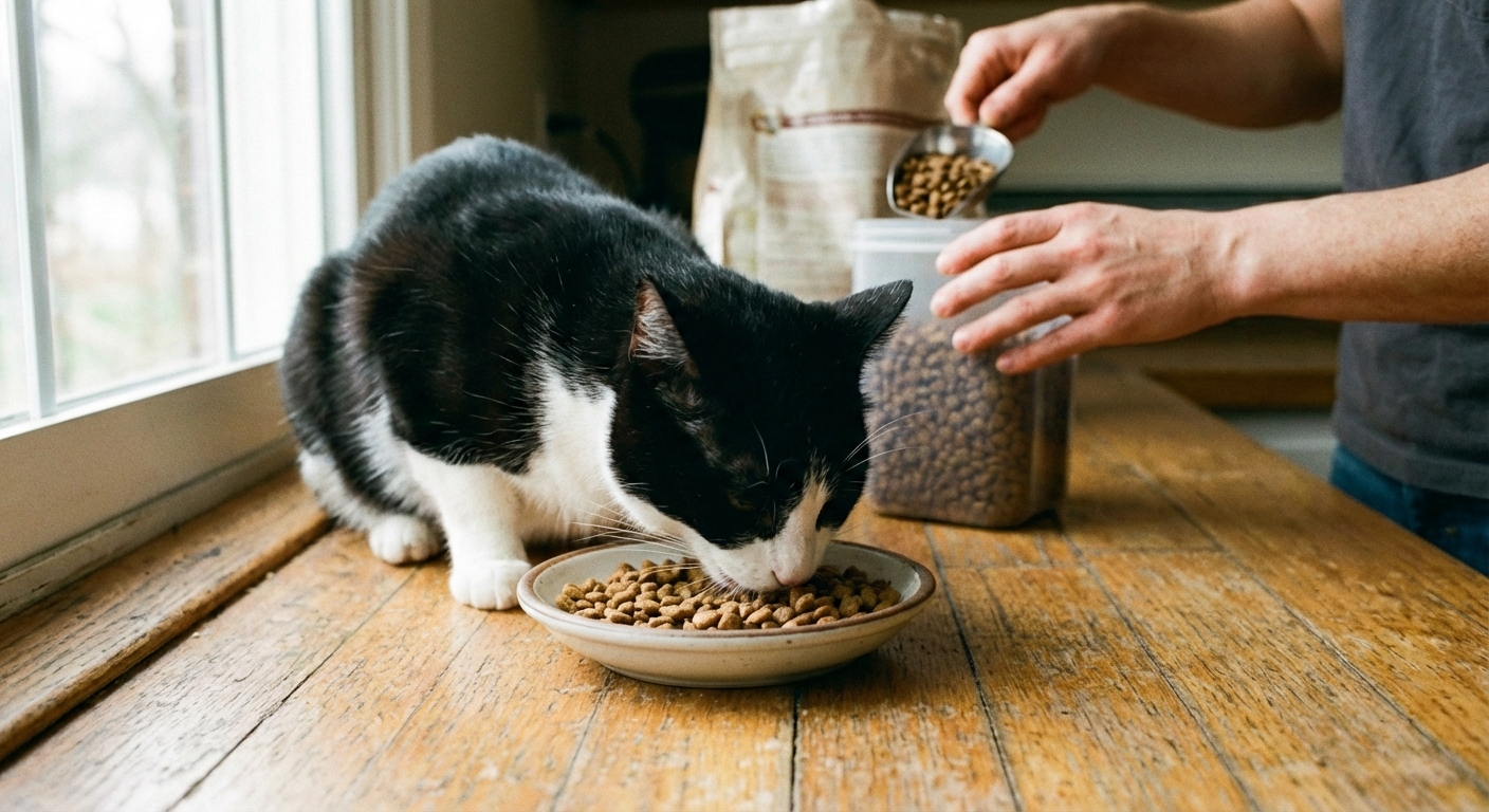 A photograph of a black-and-white cat eating from a bowl while a person measures kibble with a scoop at a kitchen counter