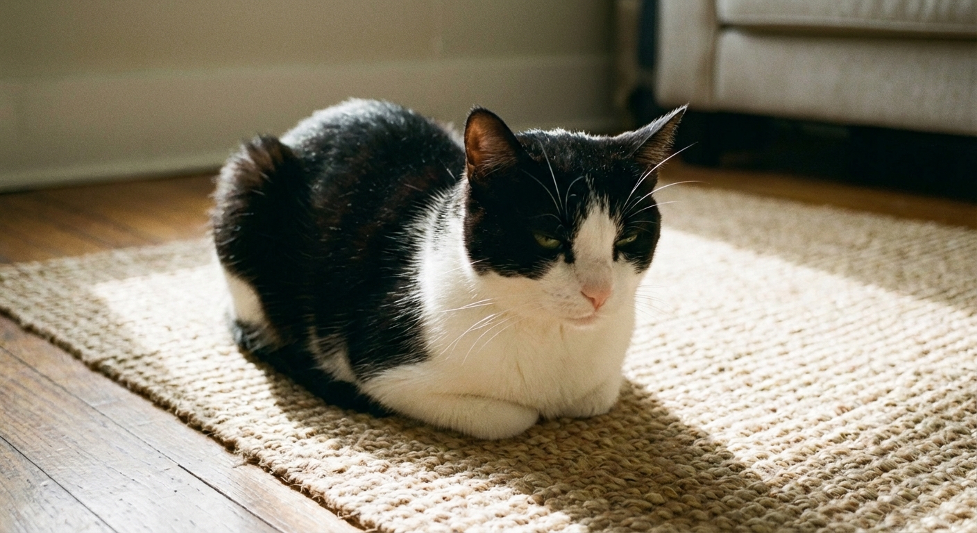 A photograph of a black-and-white cat sitting hunched on a rug with paws tucked under the body and eyes partially closed