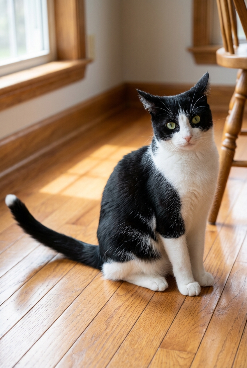 A photograph of a black-and-white cat sitting upright with ears turned sideways and tail swishing on a hardwood floor