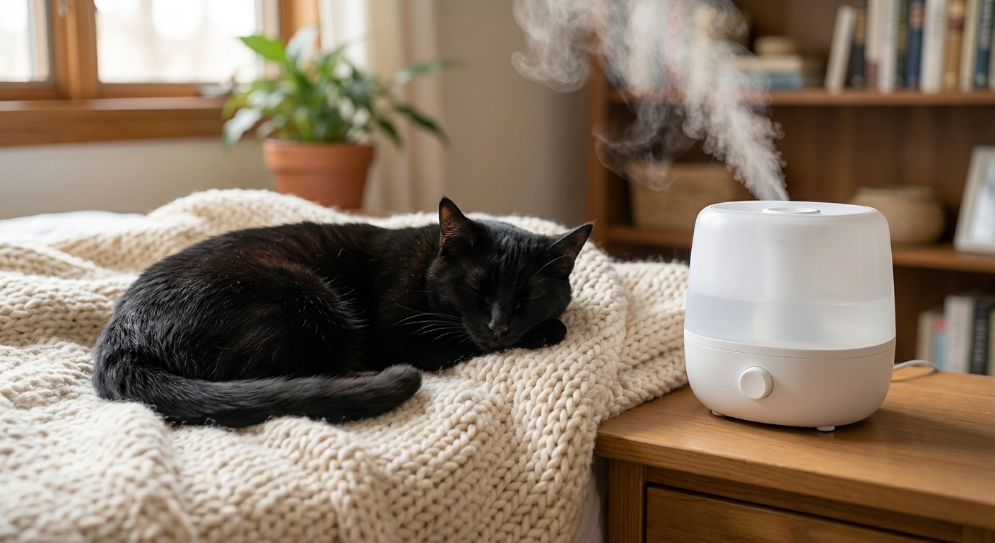 A photograph of a black cat resting on a soft blanket next to a small cool-mist humidifier in a bedroom