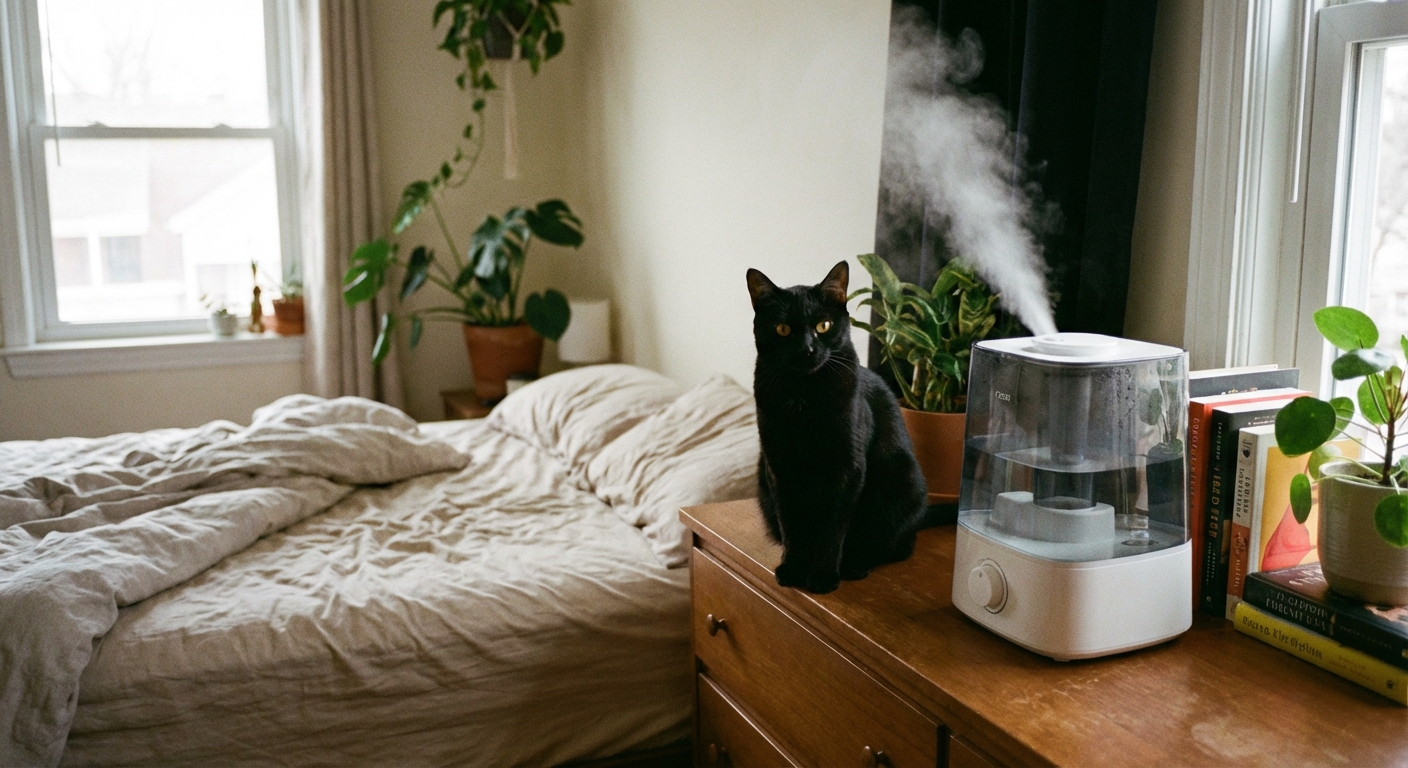 A photograph of a black cat sitting near a cool-mist humidifier in a bedroom