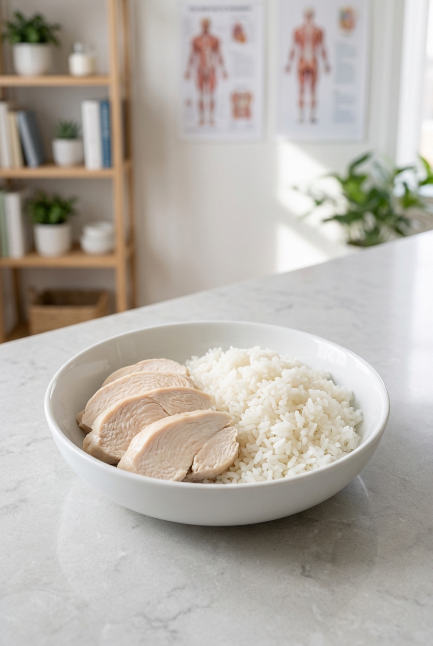 A photograph of a bowl with plain boiled chicken and white rice on a kitchen counter