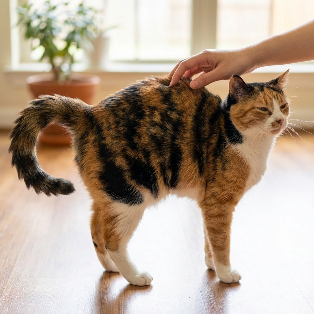 A photograph of a calico cat arching her back with her tail held to the side while being gently petted